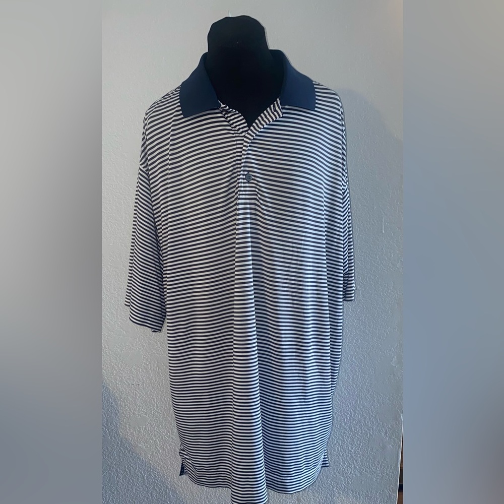 Footjoy Polo Mens Large Navy Stripe White Short Sleeve Golf✅Embroidery on sleeve